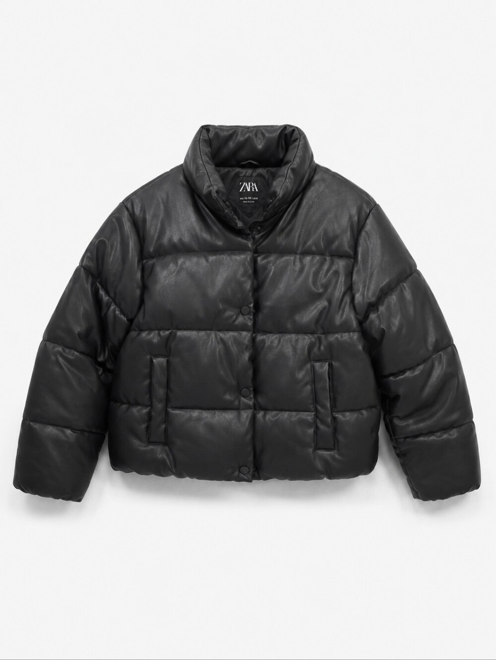 Zara Black Faux Leather Puffer Jacket High Collar Girls Size 13-14